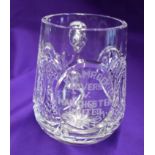 A beautiful engraved Waterford Crystal Glass tankard presented to a Manchester United player after