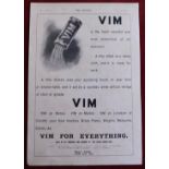 Advertising Print (1) Black-White print of 'Vim' for everything Oct 1904 good condition