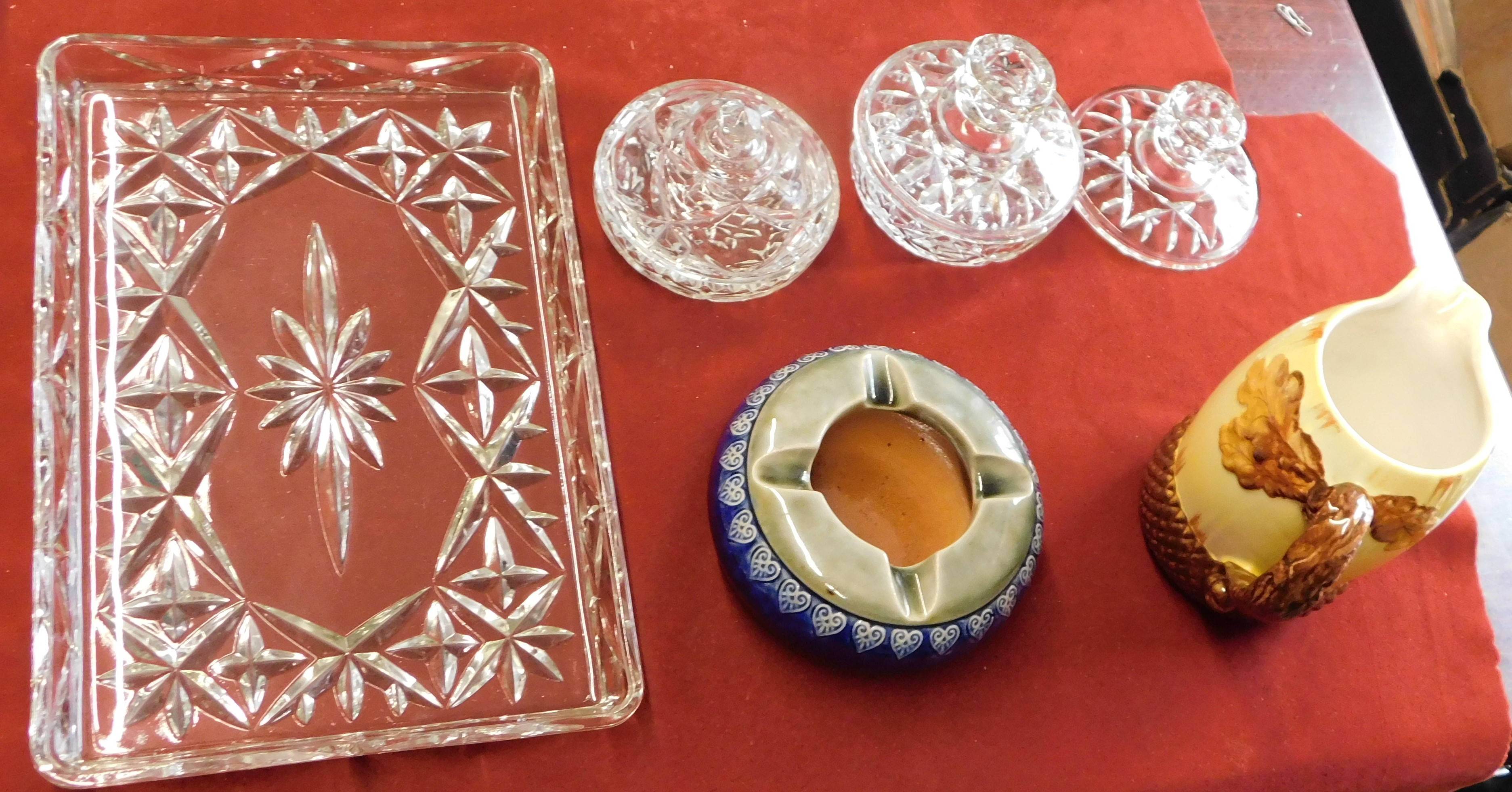 Decorative Glass Dressing Table Tray with 2 dishes with lids and one spare lid, pottery ash tray - Image 3 of 3