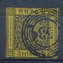 German States Baden 1865-1852 SG 3 used 3K on yellow.