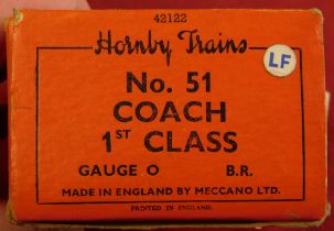 Hornby 'O' Gauge No.51 Coach First Glass, plated tin construction mint box pre owned