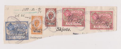 Norway 1952 5Kr, 20Kr, 50Kr and 100Kr (2) tax stamps used on piece