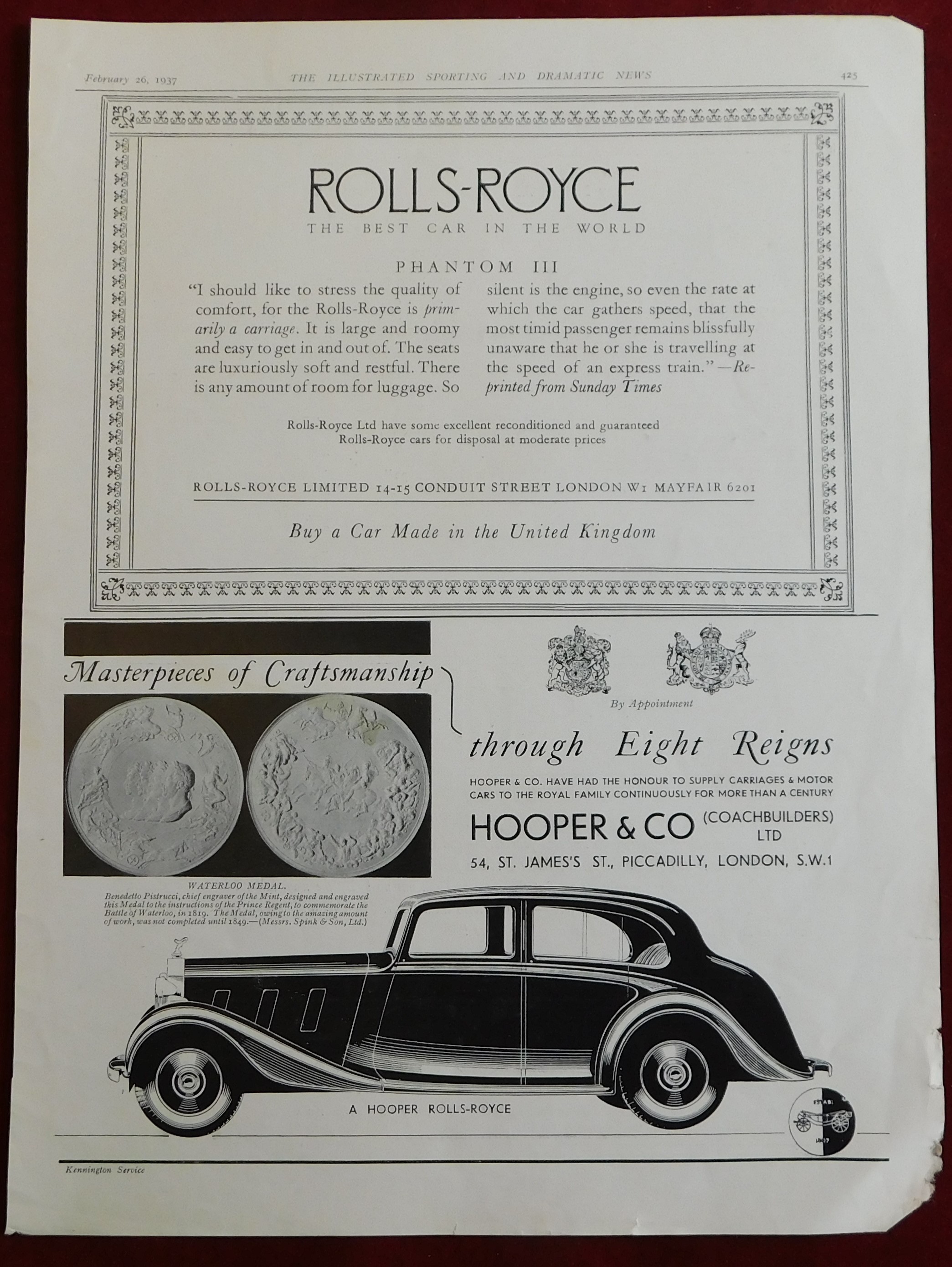 Advertising print (1) Black and white print of 'Rolls - Royce' Feb 1937 'The best car in the