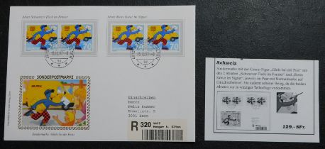 Switzerland 1977 - Globi-Cartoon Postman Character special post mark envelope posted, registered