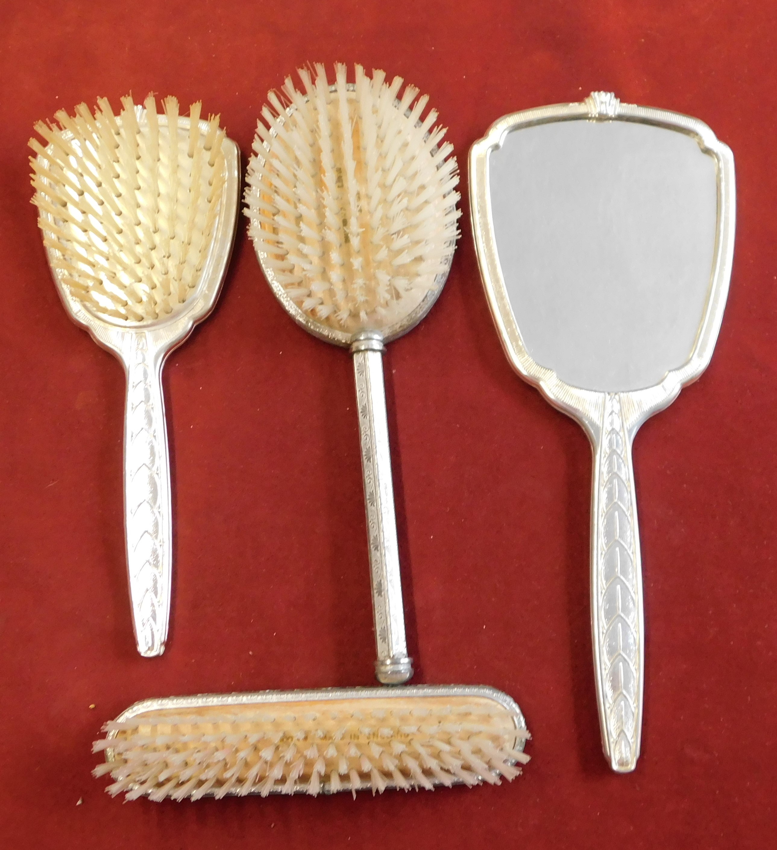 Brush/Mirror Dressing Table Set - comprising green back hair brush, clothes brush, hand mirror,