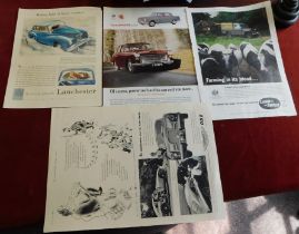 Advertising Print (4) Car Related Prints Lanchester, Austin, Aston Martin DB2, Land Rover, coloured,