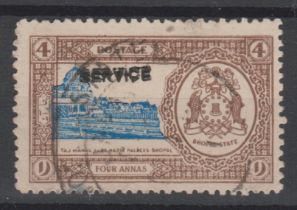 India (Bhopal) Service 1936-1949 4 Anna, 0339 Error Overprint Double, 0339e, fine used. SG £250