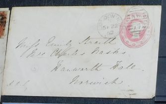 Great Britain 1862 pre-paid envelope posted to Norwich cancelled 22.9.62 with London N.W., duplex