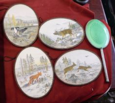 Picture - Oval Embroidered Pictures (4) including Deer, Stag, Fox, Bird fair condition