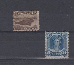 Newfoundland 1865-71 SG 26 m/m 5c brown perf shift and small faults SG 11 m/m 24c blue. Cat value £