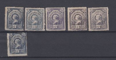 Newfoundland 1890 Queen Victoria SG 55 m/m 3c slate grey x5 shades, SG 55 used 3c deep slate. Cat