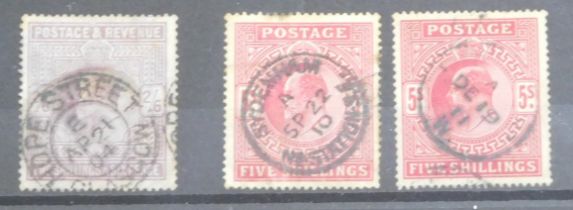 Great Britain 1903-10 Edward VII SG 262 fine used 2s6d dull purple, SG 263 fine used 5s bright