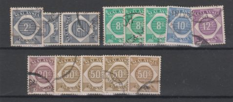 Malaysia 1966 Postage Due SG D2 used 2c and used 2c pair, SG D18 used 8c x3, D19, D6, D20 used,