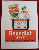 Advertising Print (1) coloured print of Benedict Processed Peas, tin of peas with woman holding it