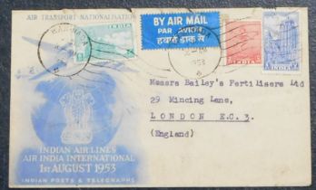 India 1952 Airmail - Indian Air Lines/Air India International 1/8/1953 envelope posted to London