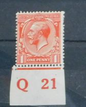 Great Britain 1912-24 SG 361 m/m 1d Scarlet Vermilion Control Q21. Cat value £180