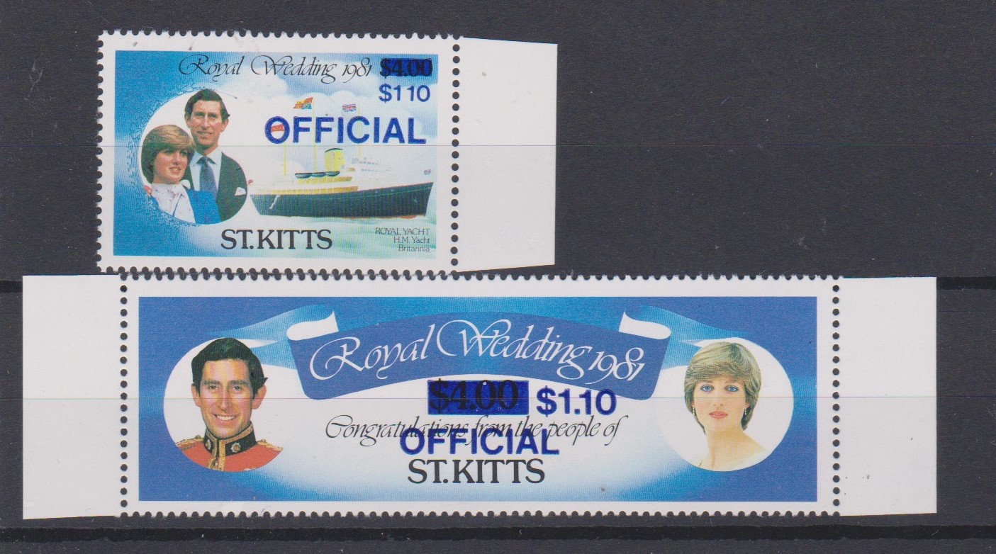 St Kitts 1983 Royal Wedding "Official" overprints error, blue instead of black SG 027 u/m and 028