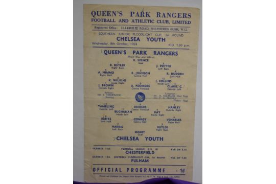 Single card programme Queen's Park Rangers v Chelsea 8th October 1958. Southern Junior Floodlight