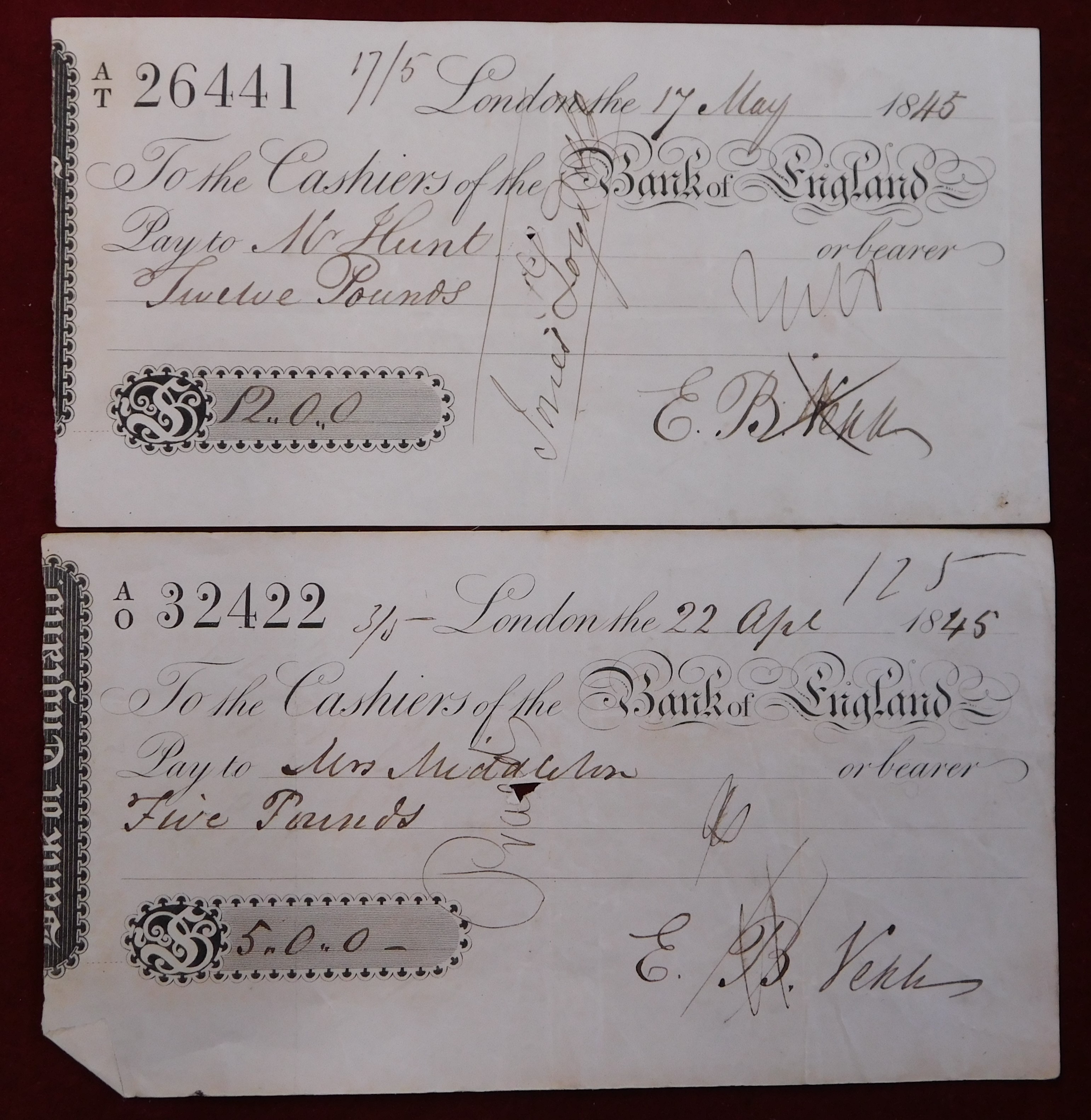 1845 Bank of England Cheques used, tidy lot (5) - Image 4 of 4