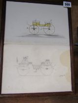 VICTORIAN CARRIAGES, 2 pencil designs of horsedrawn carriages signed by Gerlack, 30cm x 22cm