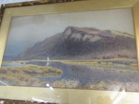 GEORGE CROZIER, signed watercolour with label to reverse, "Extensive river valley landscape" 46cm