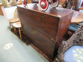 19th CENTURY CAMPAIGN CHEST, 2 section chest with brass flush handles and additional banding,