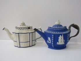 ANTIQUE TEAPOTS, Castleford - type moulded teapot with blue heightened line; also Jasperware