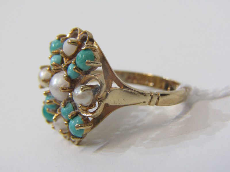 9ct YELLOW GOLD TURQUOISE & PEARL STYLE CLUSTER RING, size N - Image 2 of 3