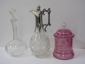 VICTORIAN CUT GLASS CLARET JUG, with Elkington plated mount, also Victorian cut glass decanter and