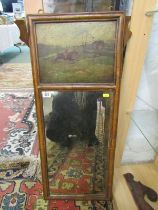 HUNTING, late Georgian mahogany narrow wall mirror with painted hunting panel (requires restoration)