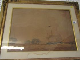 19th CENTURY MARITIME, unsigned watercolour "Frigate in Harbour", 39cm x 55cm