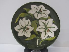 MOORCROFT "Bermuda Lily" pattern, green ground shallow bowl, 25cm diameter