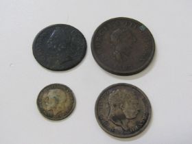 GEORGIAN COINS, 1817 George IV shilling, Geo. II 1746 farthing, 1807 half penny, also 1922 3d piece