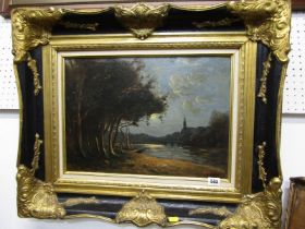 FRENCH SCHOOL oil on panel, signed A.N. "Riverbank at Moonlight" in late gilt frame, 32cm x 45cm