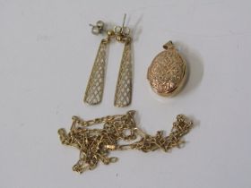 GOLD AND YELLOW METAL JEWELLERY, pair of drop earrings, fancy link necklace (af) and locket, all