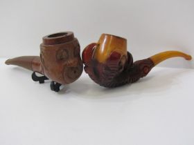 MEERSCHAUM pipe, attractive claw bowl pipe with amber mouthpiece; together with a briar humorous