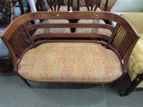 EDWARDIAN MAHOGANY FRAMED 2 SEATER SETTEE, mother-of-pearl inlaid detail with tapering ribbed