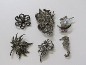SELECTION OF SILVER & MARCASITE JEWELLERY, including floral pattern, leaf pattern, seahorse and