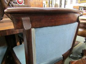 VICTORIAN, SET OF 6 MAHOGANY BAR BACK DINING CHAIRS with blue button back panels and tapering ribbed