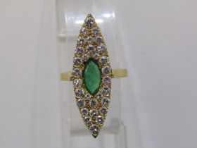 18ct YELLOW GOLD EMERALD & DIAMOND NAVETTE DESIGN RING, principal marquise cut emerald, approx. 1