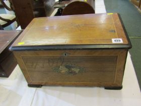 ANTIQUE MUSICAL BOX, marquetry cased 3 bell strike, 8 tune musical box, 16cm cylinder width,