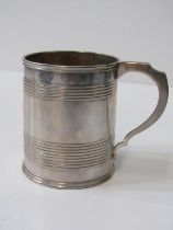 GEORGIAN SILVER CHRISTENING MUG, ribbed tapering body, assay marks rubbed, 117 grams