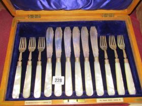 SILVER FISH EATERS, oak cased set of 6 pairs with mother of pearl handled fish eaters, London