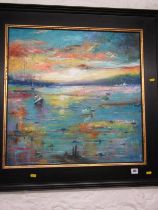 OIL ON CANVAS, "Moored Boats at Sunset" 59cm x 59cm