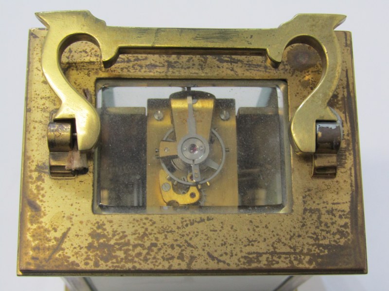BRASS CARRIAGE CLOCK, plain casing with bevelled glass panels, stamped to reverse "WJH", 12cm height - Image 6 of 7