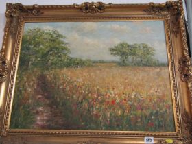 STRONG, signed oil on board dated possibly '87, "The Poppy Field", 45cm x 60cm