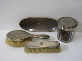 SILVER DRESSING TABLE WARE, oval tray with 2 matching brushes and vanity jar, decorated with