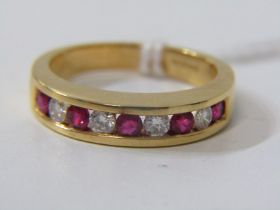 RUBY & DIAMOND RING, a heavy 18ct yellow gold ring, set 5 ruby's & 4 diamonds, size L