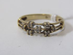 9ct YELLOW GOLD DIAMOND SET ETERNITY STYLE RING, unusual geometric style design, size N/O