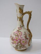 ROYAL WORCESTER, ivory ground and gilt ornate handled ewer jug with floral painted decoration,